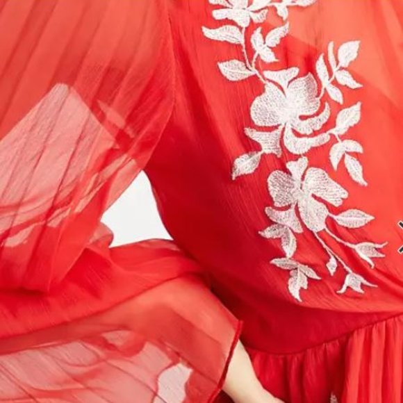 ASOS DESIGN tie back pleated sleeve mini dress in red with pink embroidery US 12 - Picture 3 of 9